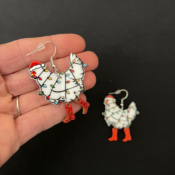 Tangled Christmas Lights Boot Wearing Hen Dangle Earrings - Red Boots - Picture 5 of 9